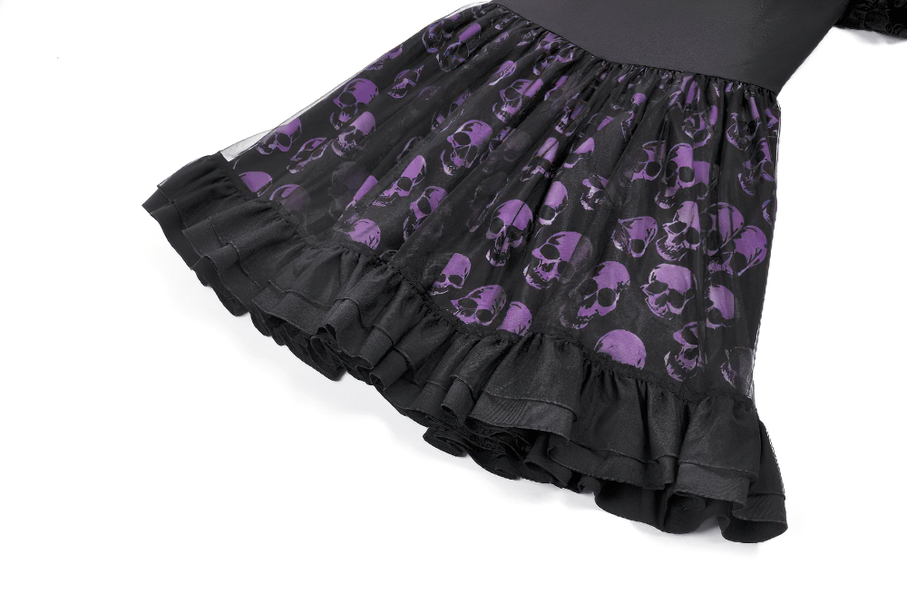 Women's Gothic Skull Print Mini Dress with Puff Sleeves featuring a playful purple skull design and ruffled hem.
