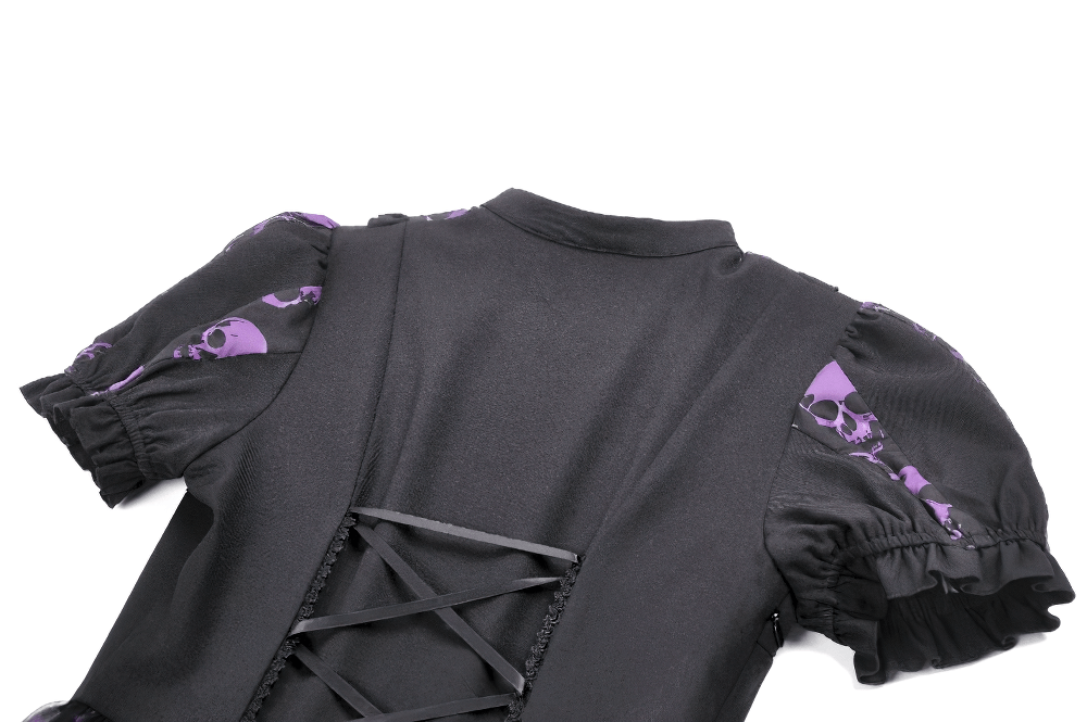 Women's Gothic Skull Print Mini Dress with Puff Sleeves back view highlighting purple skull detail.