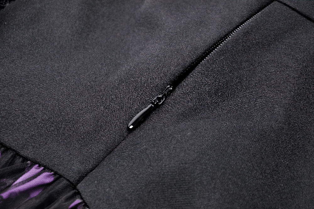 Close-up of the zipper detail on the Women's Gothic Skull Print Mini Dress with Puff Sleeves.