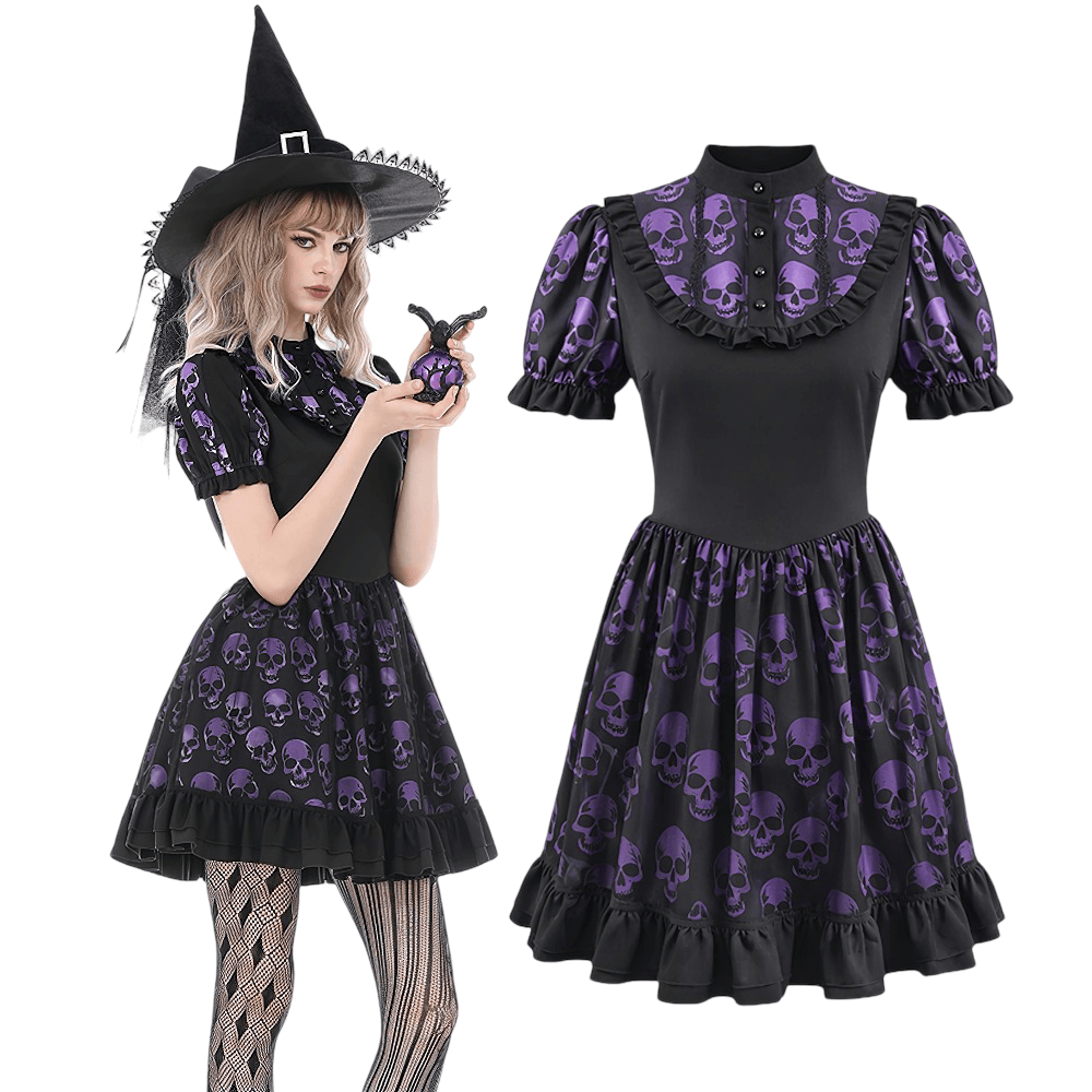 Women's Gothic Skull Print Mini Dress with Puff Sleeves in black with purple skulls, styled with a witch hat and fishnet tights.