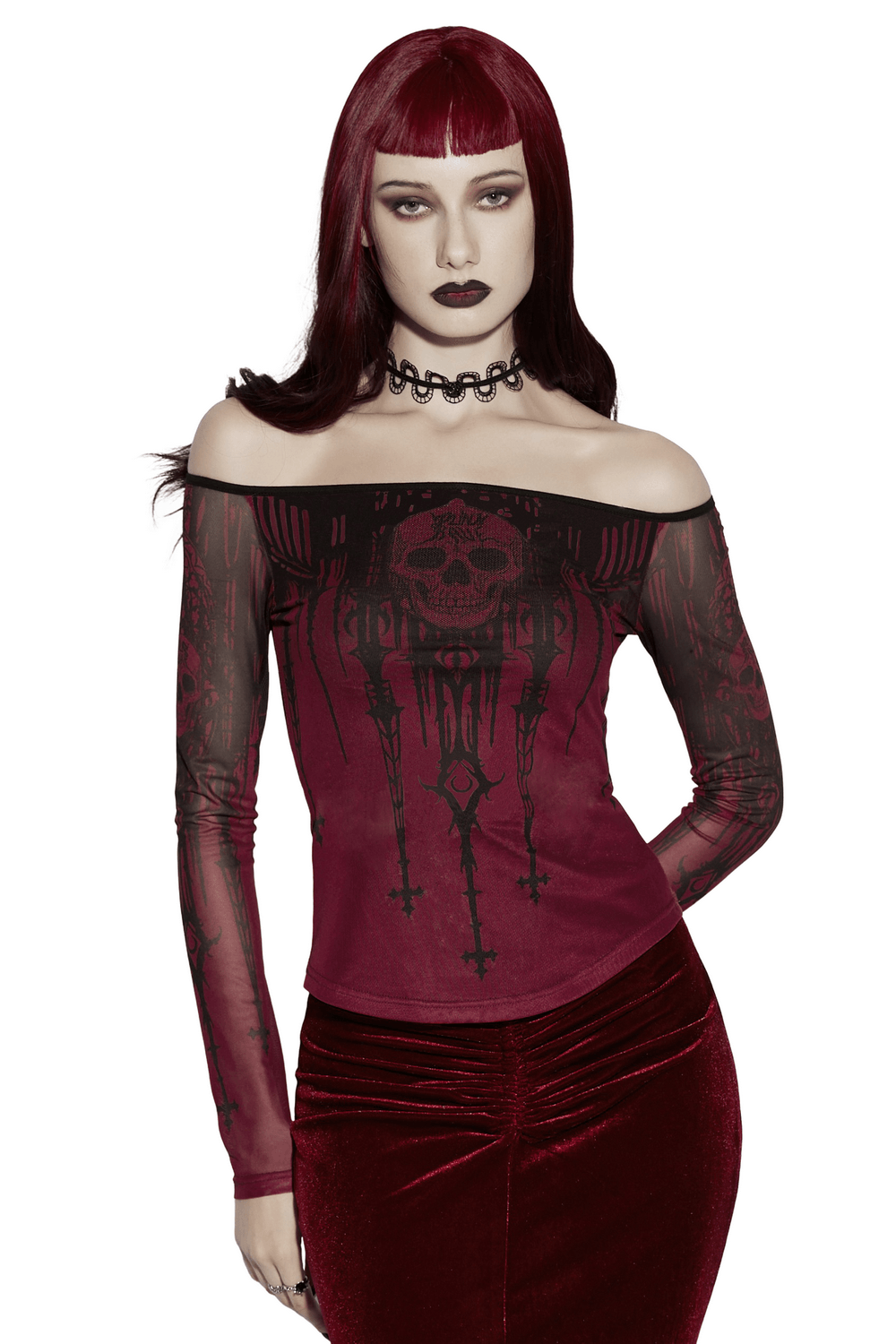 Women's Gothic Skull Print Off Shoulder Mesh Top featuring a stunning skull design and sheer sleeves, perfect for gothic style.