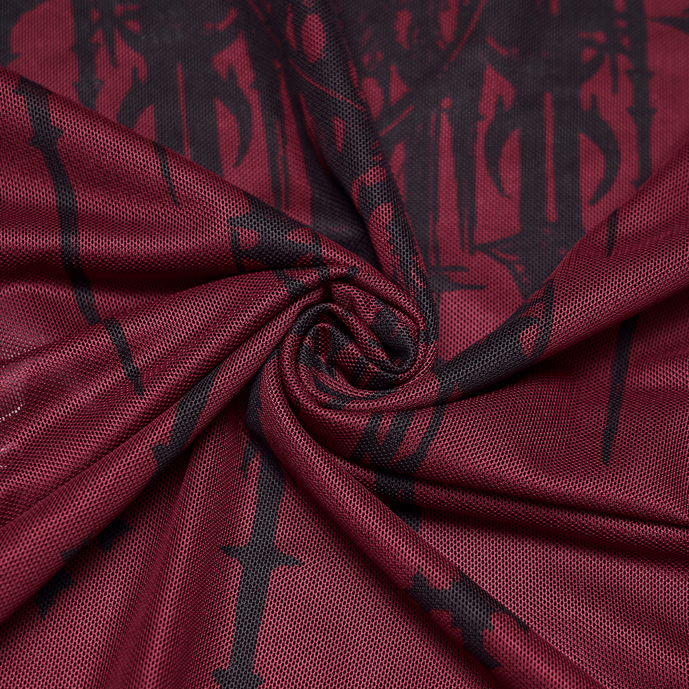 Soft stretch fabric of Women's Gothic Skull Print Off Shoulder Mesh Top showcasing the striking church skull design.