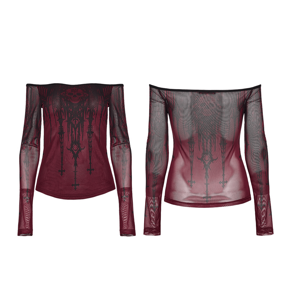 Women's Gothic Skull Print Off Shoulder Mesh Top featuring sheer black mesh and striking Gothic skull design.