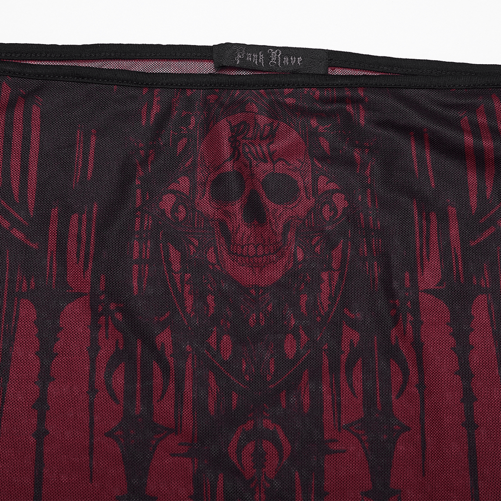 Women's Gothic Skull Print Off Shoulder Mesh Top featuring a striking church-inspired skull design on sheer mesh.