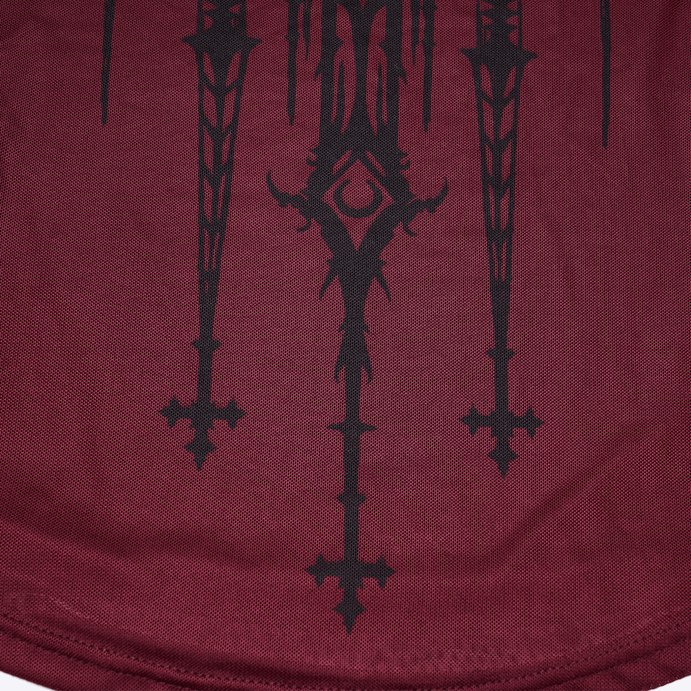 Women's Gothic Skull Print Off Shoulder Mesh Top featuring intricate black church-inspired patterns on a deep burgundy background.
