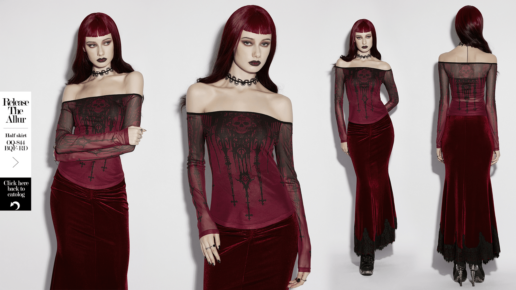 Women's Gothic Skull Print Off Shoulder Mesh Top featured with a dramatic velvet skirt, exuding dark allure and elegance.