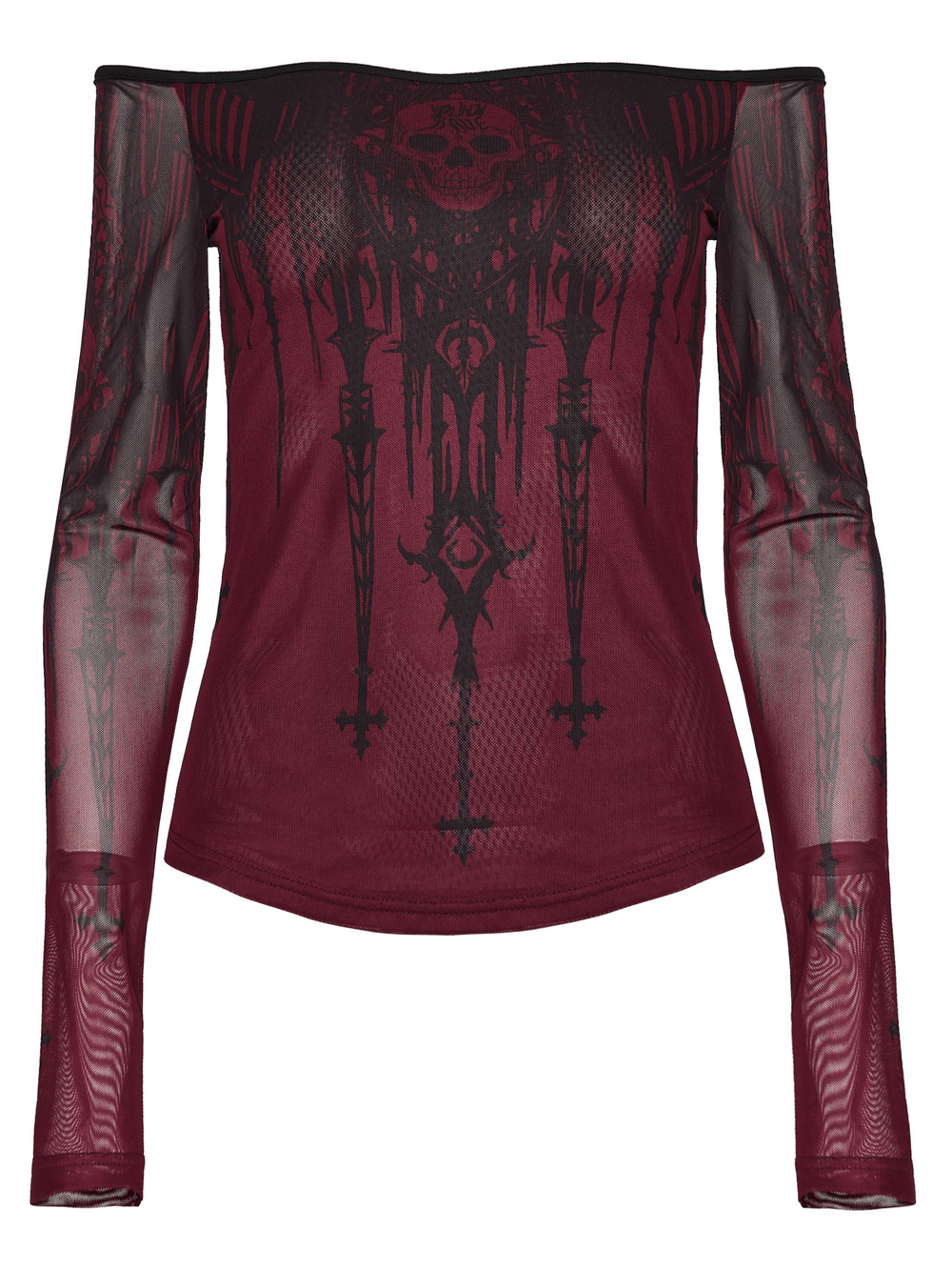 Women's Gothic Skull Print Off Shoulder Mesh Top featuring sheer mesh sleeves and striking skull design.