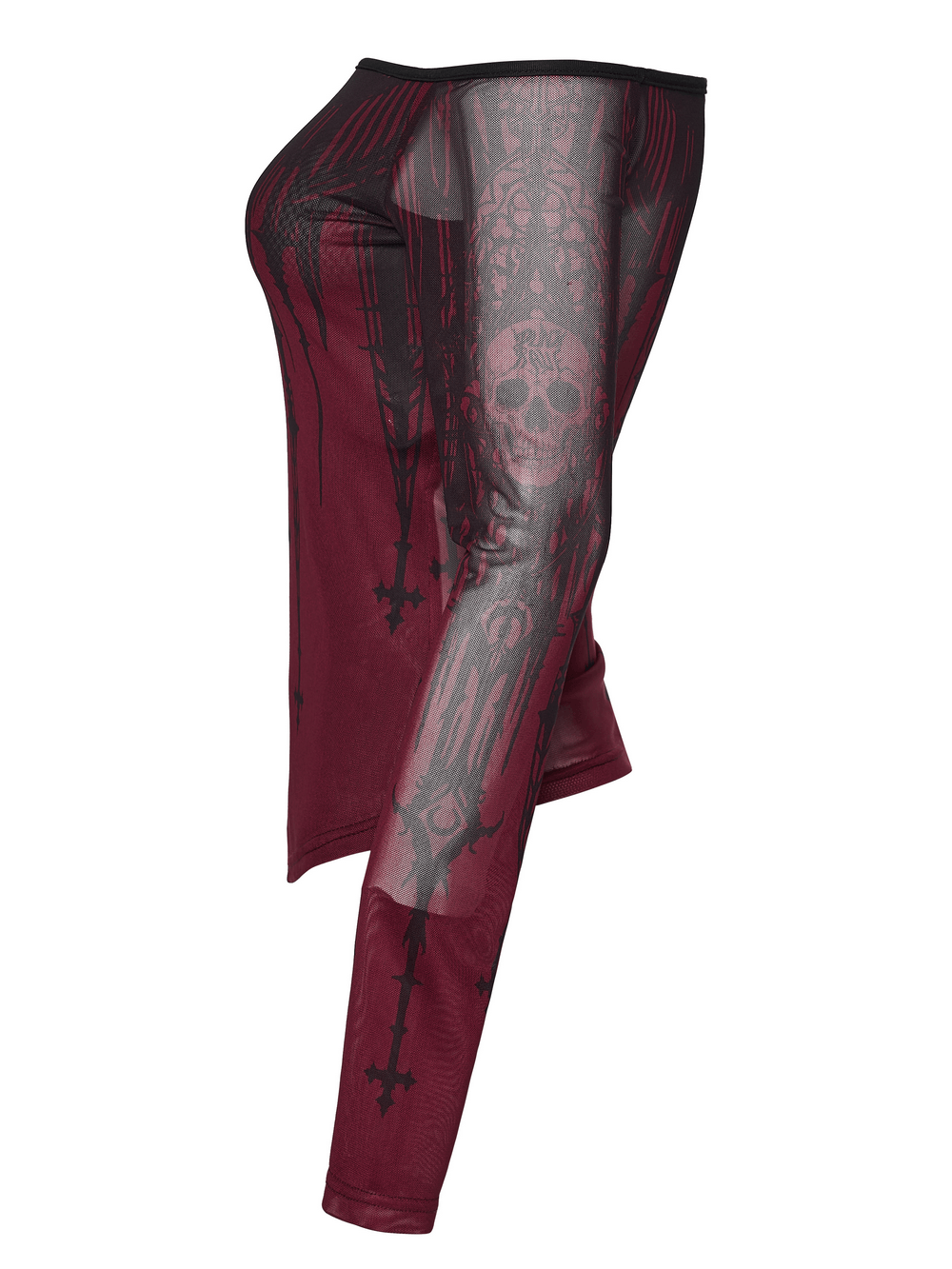 Women's Gothic Skull Print Off Shoulder Mesh Top featuring a striking church-inspired skull design on sheer mesh.