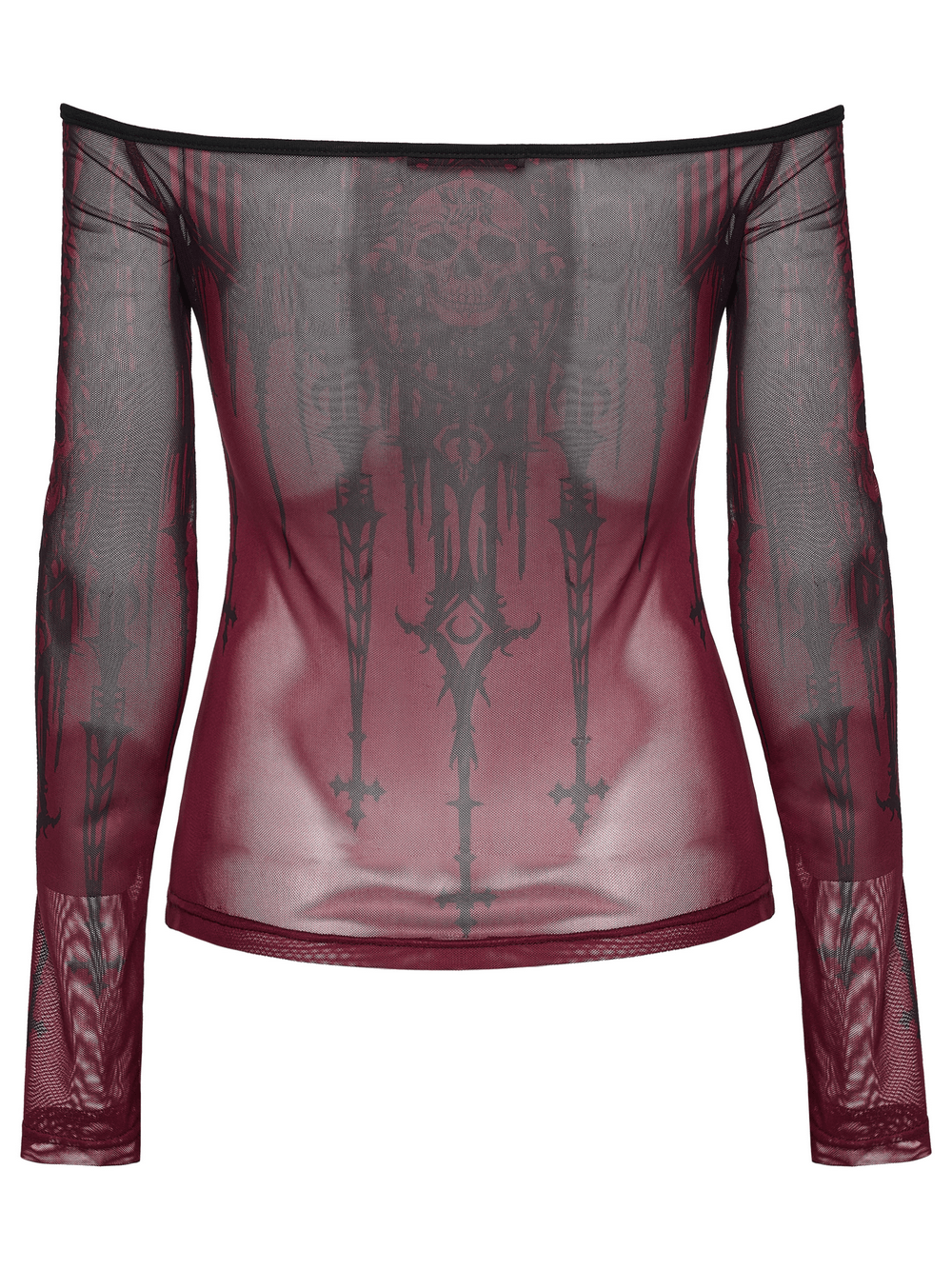 Women's Gothic Skull Print Off Shoulder Mesh Top featuring sheer mesh design and striking church skull print.