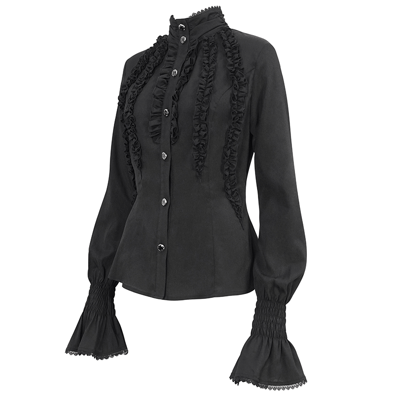 Women's Gothic fitted shirt with stand collar, frills, and flared cuffs in black.