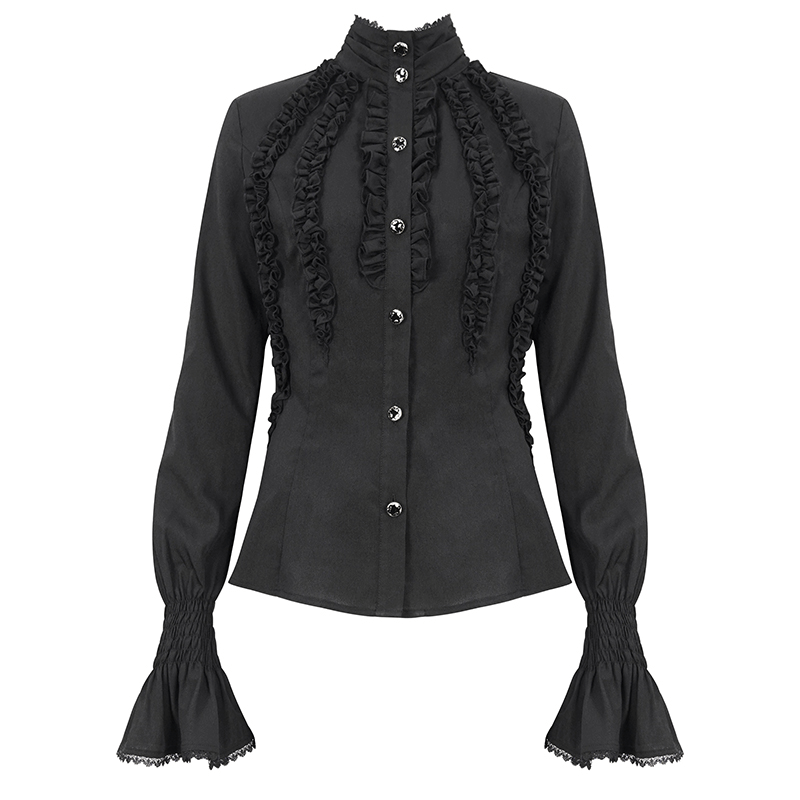 Women's gothic fitted shirt with stand collar, frills, and flared cuffs for an edgy, elegant look.