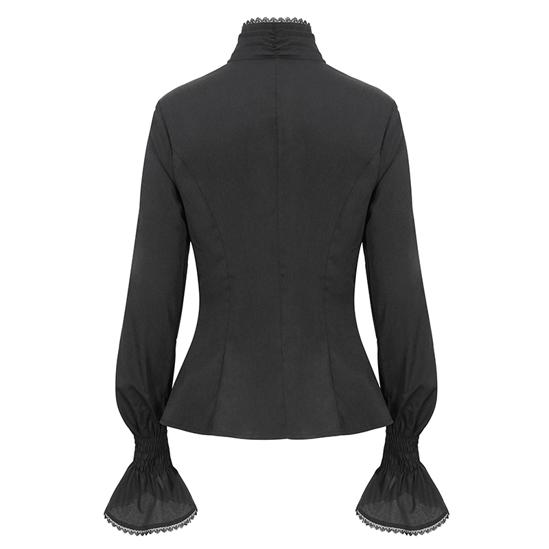 Back view of women's gothic fitted shirt with stand collar and flared cuffs in black, featuring frill details.