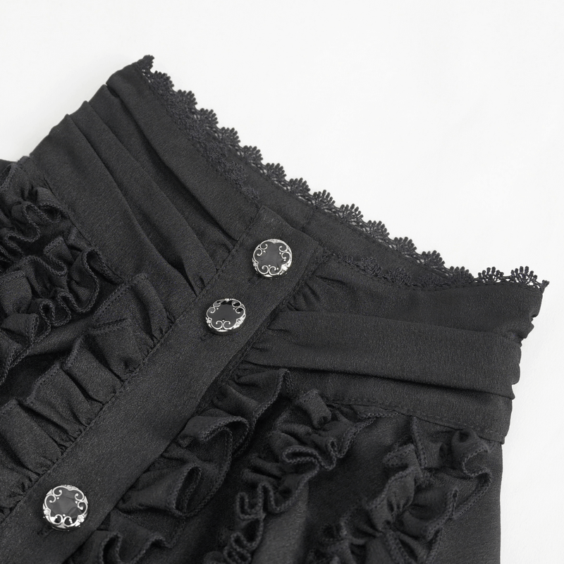 Close-up of the frill detailing and stand collar on a women's gothic fitted shirt in black.