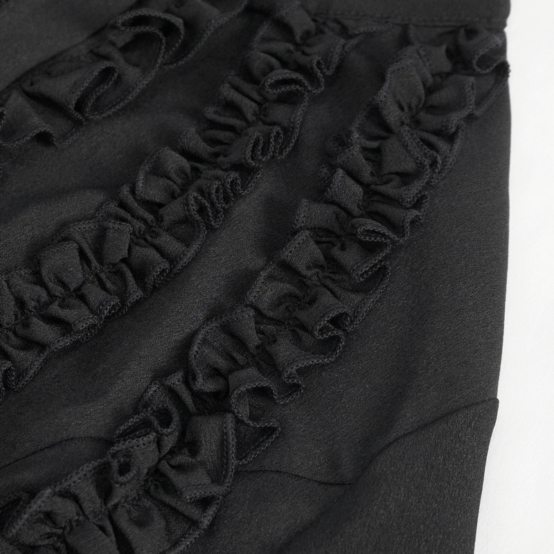 Close-up of intricate frill detailing on a women's gothic fitted shirt, adding edgy elegance to the fashion statement.