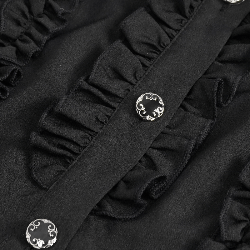 Close-up of black women's gothic shirt featuring frill detailing and decorative buttons.