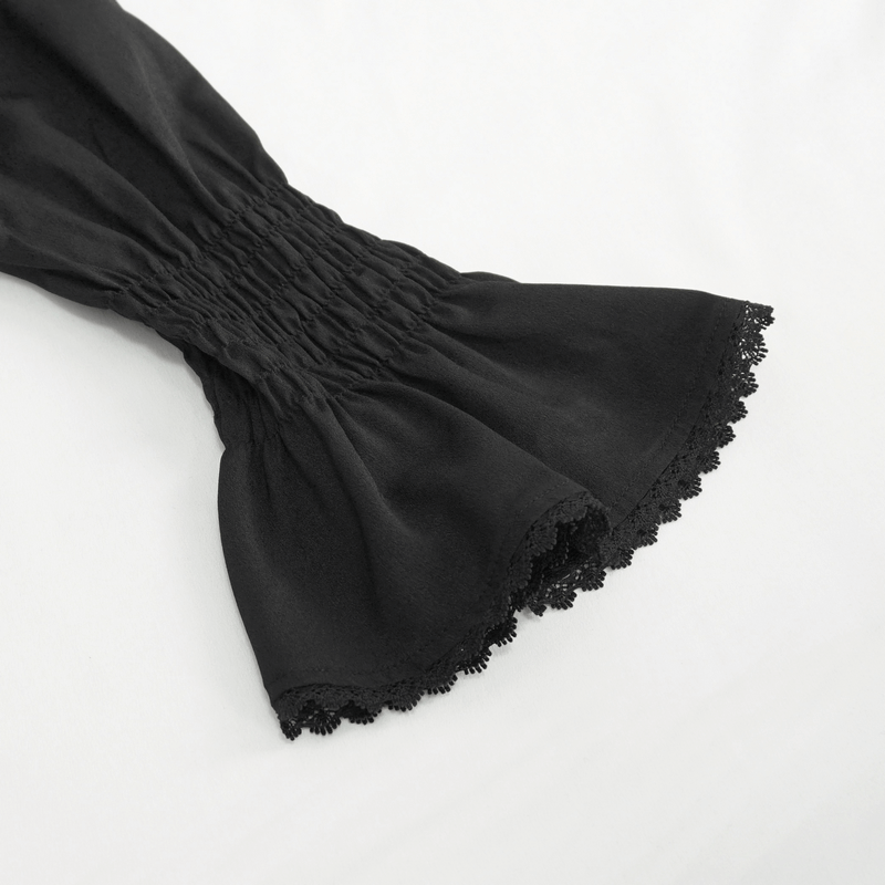 Close-up of the flared cuff with intricate frill detailing on a women's gothic shirt, showcasing edgy elegance.