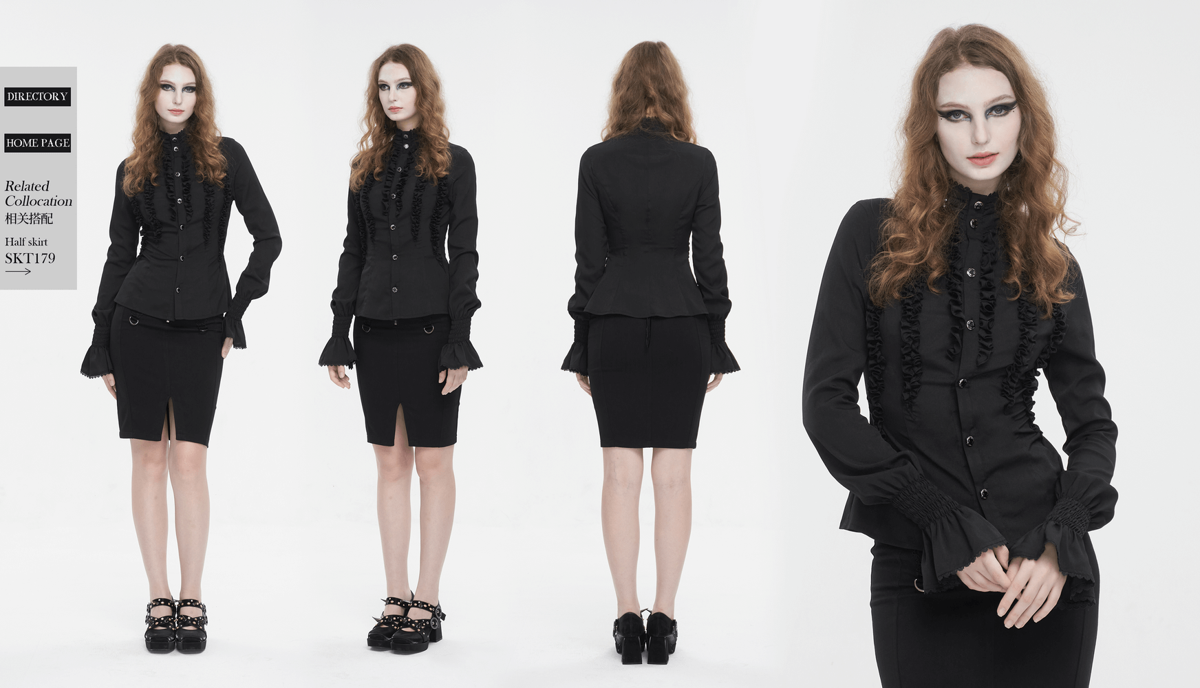 Women's Gothic Stand Collar Shirt with Flared Cuffs and Frills, styled in edgy elegance.