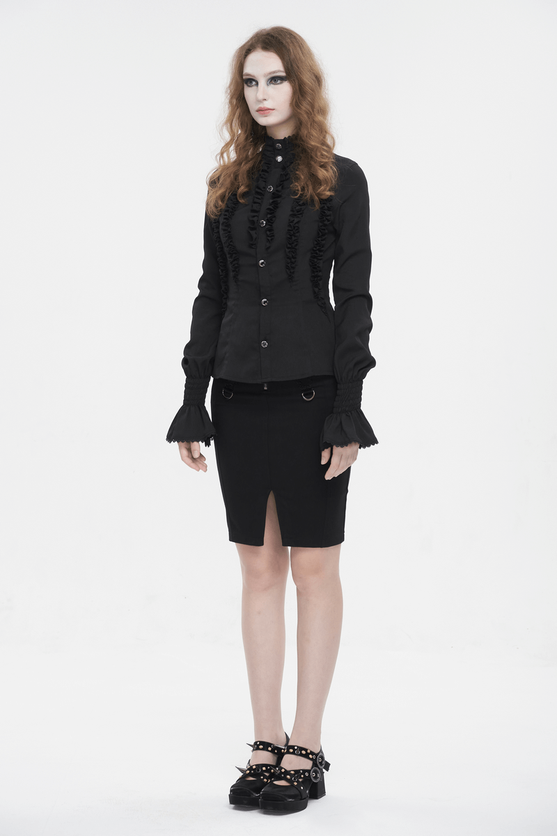 Women's gothic fitted shirt with frilled details and flared cuffs, paired with a stylish black skirt for edgy elegance.