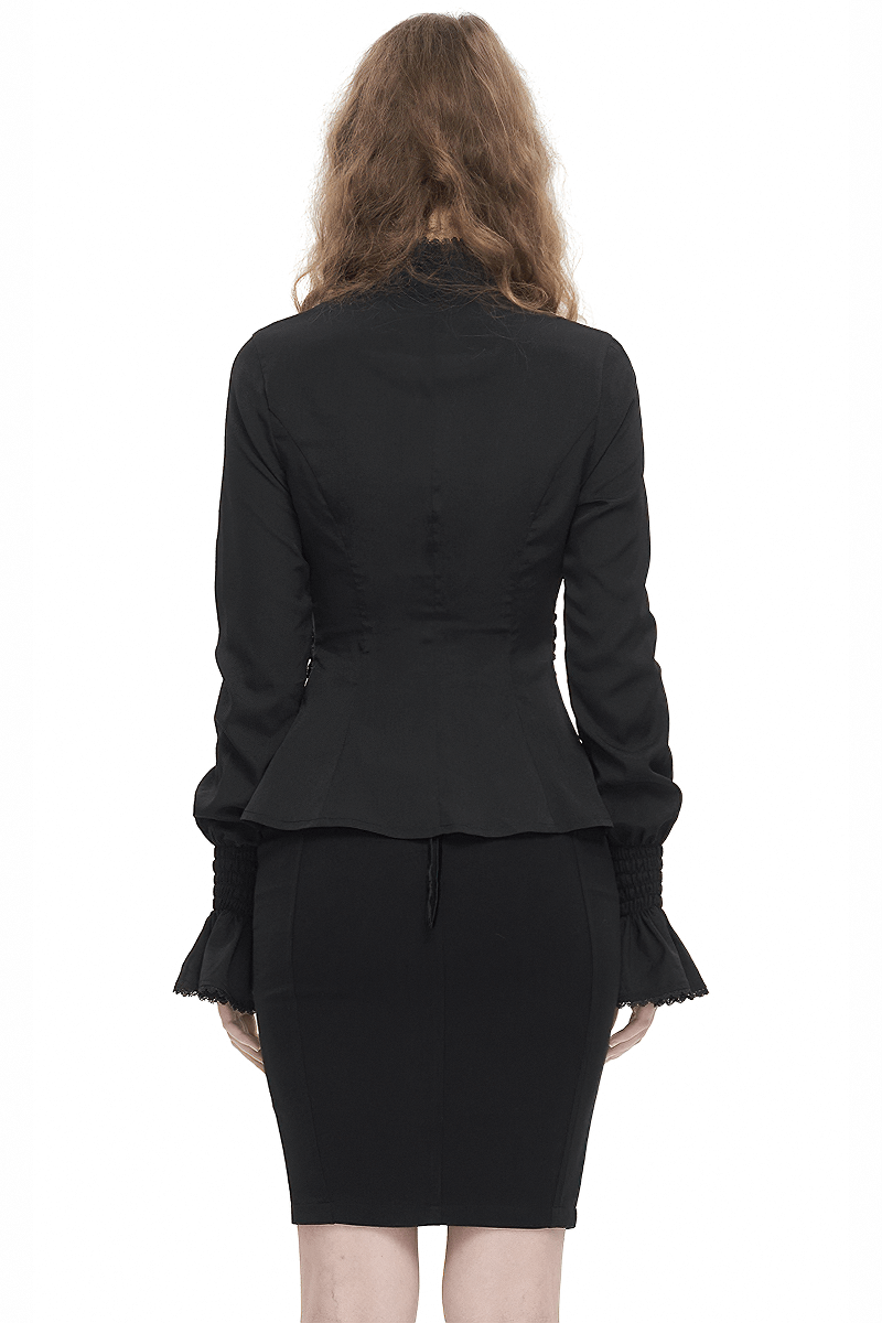 Back view of women's gothic fitted shirt featuring a stand collar, frill detailing, and flared cuffs, perfect for edgy elegance.