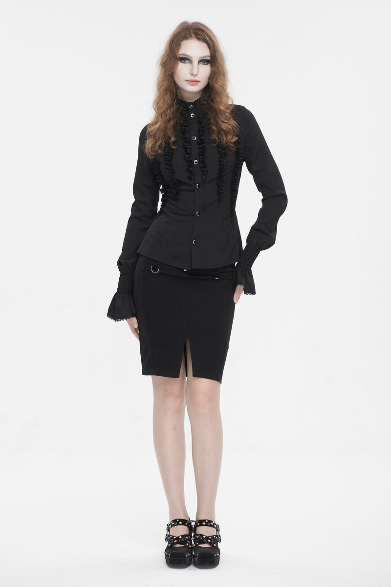 Women's gothic stand collar fitted shirt with frills and flared cuffs, paired with a sleek black skirt.