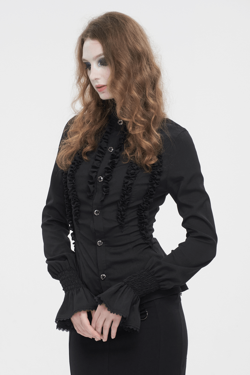 Women's gothic fitted shirt with stand collar, frills, and flared cuffs, perfect for alternative fashion.