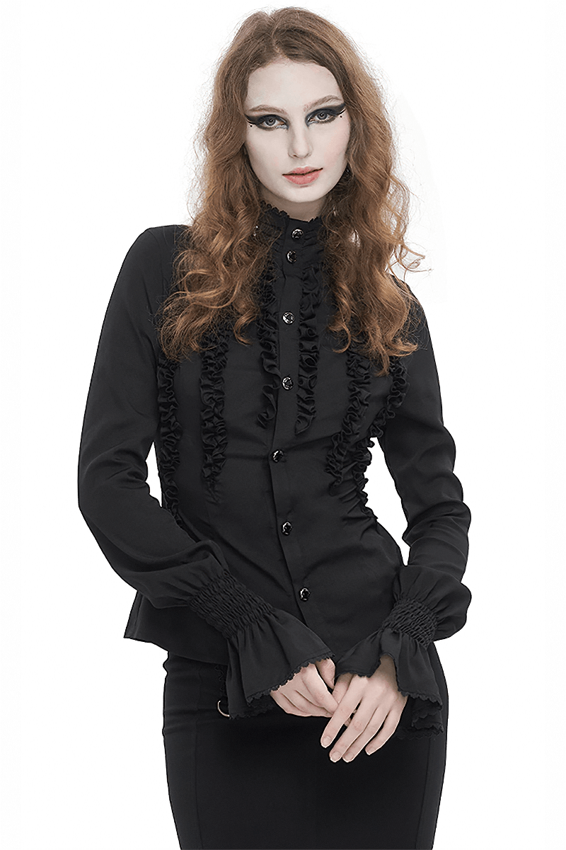 Women's gothic stand collar fitted shirt with frills and flared cuffs, showcasing edgy elegance in black.