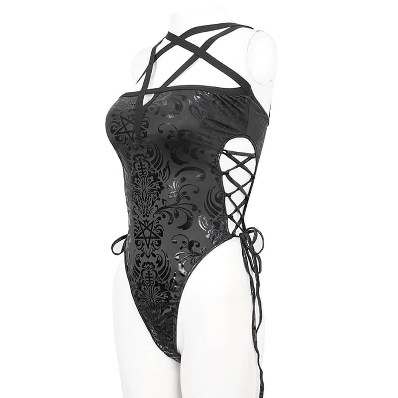 Stylish women's gothic floral black one-piece swimsuit with lace-up sides and strappy detail.
