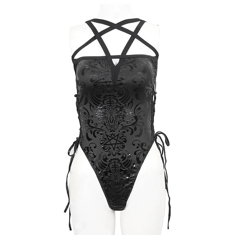 Women's gothic floral printed black one-piece swimsuit with strappy lace-up sides for a stylish beach vibe.