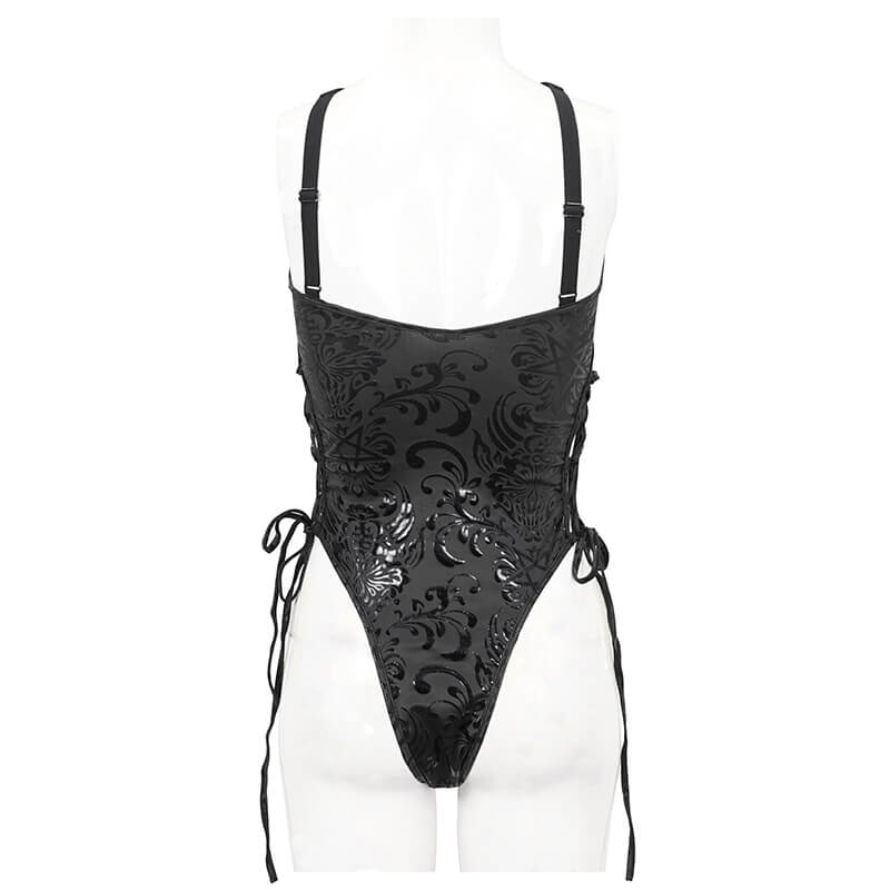 Back view of women's gothic floral printed black one-piece swimsuit with lace-up sides.