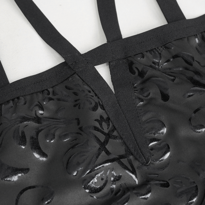 Close-up of gothic floral black swimsuit detailing with lace-up straps for a fashionable edge.