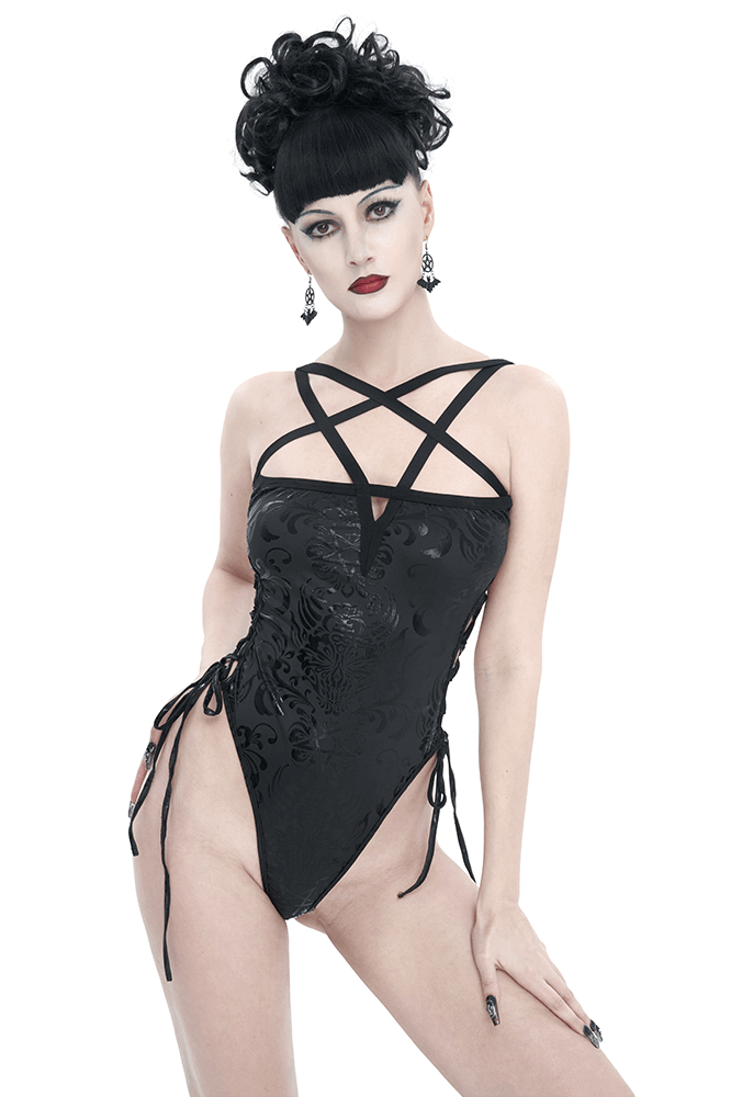 Women's Gothic Strappy Floral Printed Swimsuit / Black One-Piece Swimsuit with Lace-Up on Sides