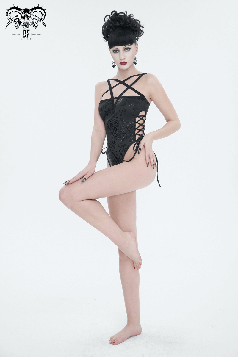 Women's gothic floral one-piece swimsuit featuring strappy lace-up sides, perfect for stylish beach outings.