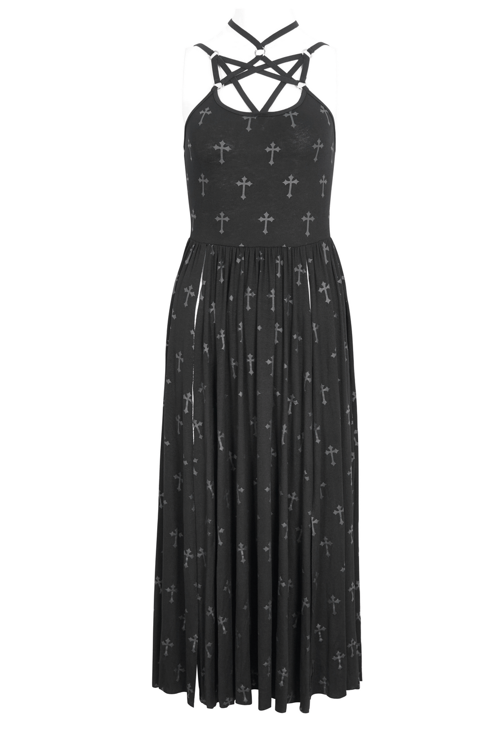 Women's gothic black maxi dress with cross design and strappy detail, featuring a dramatic floor-length silhouette.