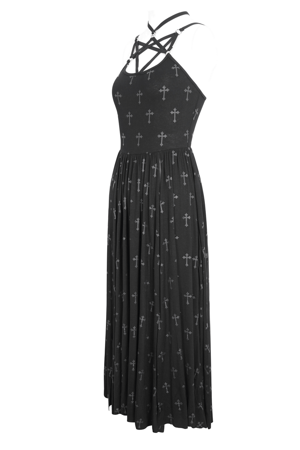 Black Gothic maxi dress with cross print and strappy neckline, elegantly flowing to the floor.