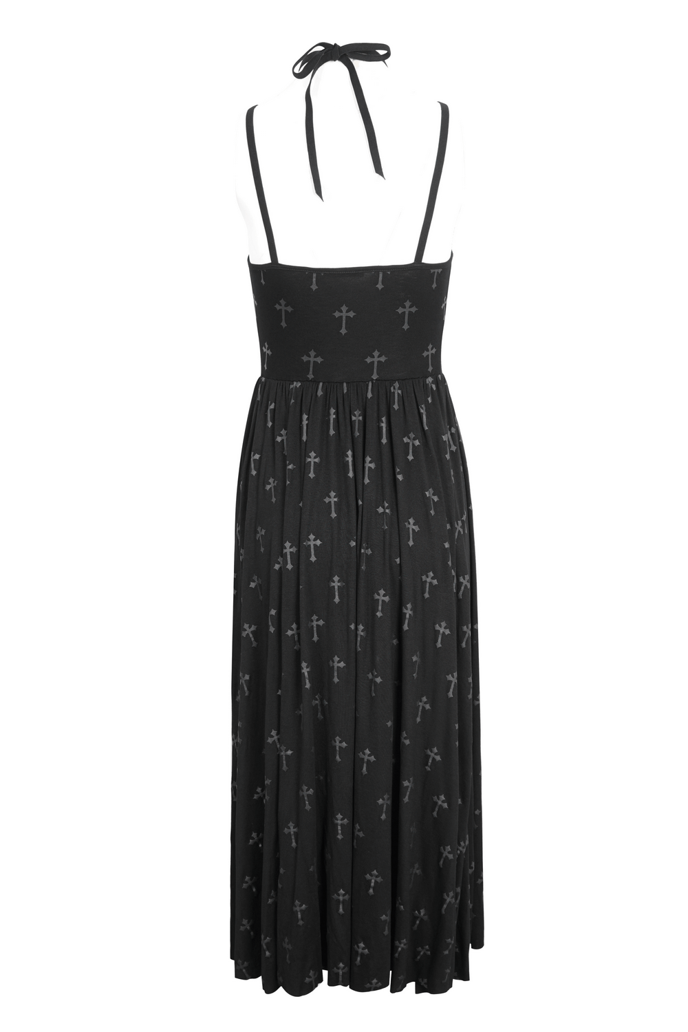 Back view of a women's gothic black maxi dress with cross design and adjustable straps.
