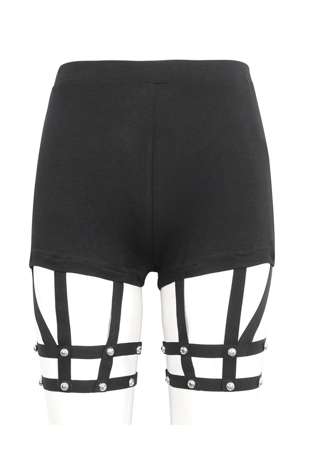 Black shorts featuring striking strappy details and silver embellishments for a gothic look.