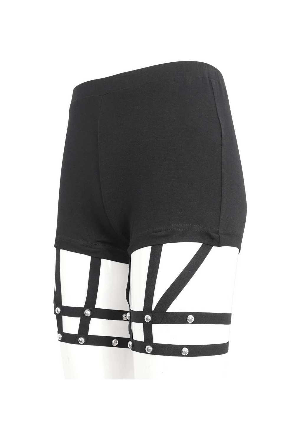Black strappy shorts with silver accent details for a gothic, edgy fashion statement.