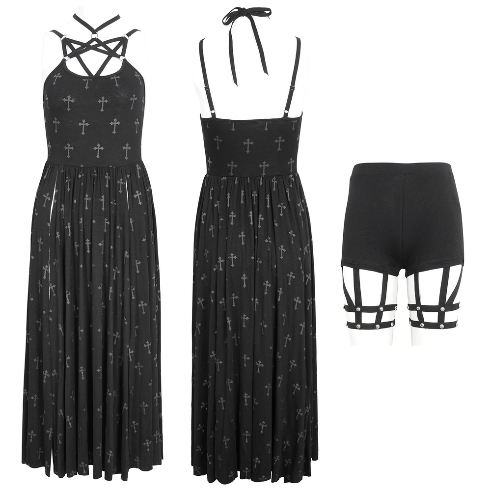 Women's Gothic Strappy Split Long Dress with Shorts