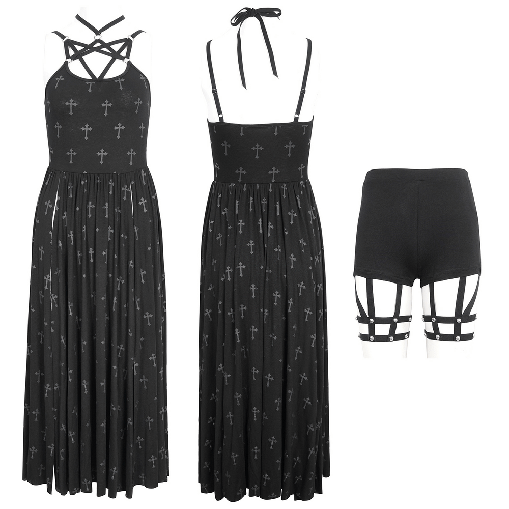 Dramatic women's gothic strappy maxi dress with shorts, featuring a bold cross design and elegant floor-length skirt.
