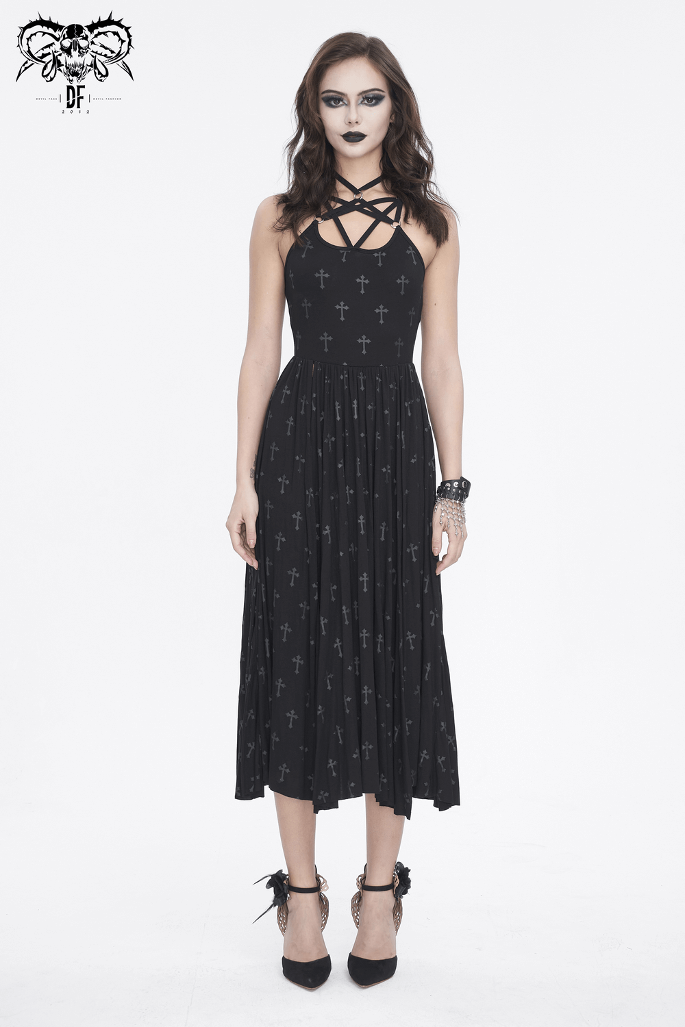 Women's Gothic strappy black maxi dress with cross detail and fitted silhouette, ideal for dramatic night outings.