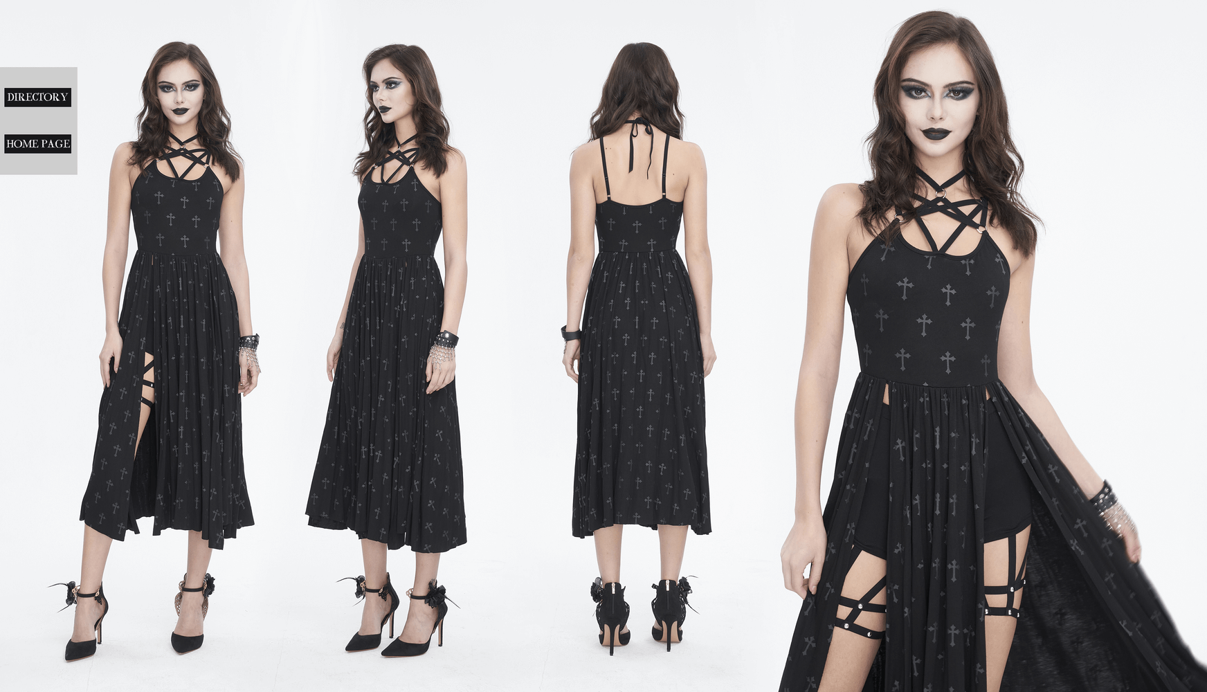 Women's Gothic black maxi dress with cross detail and shorts, perfect for a dramatic night out.