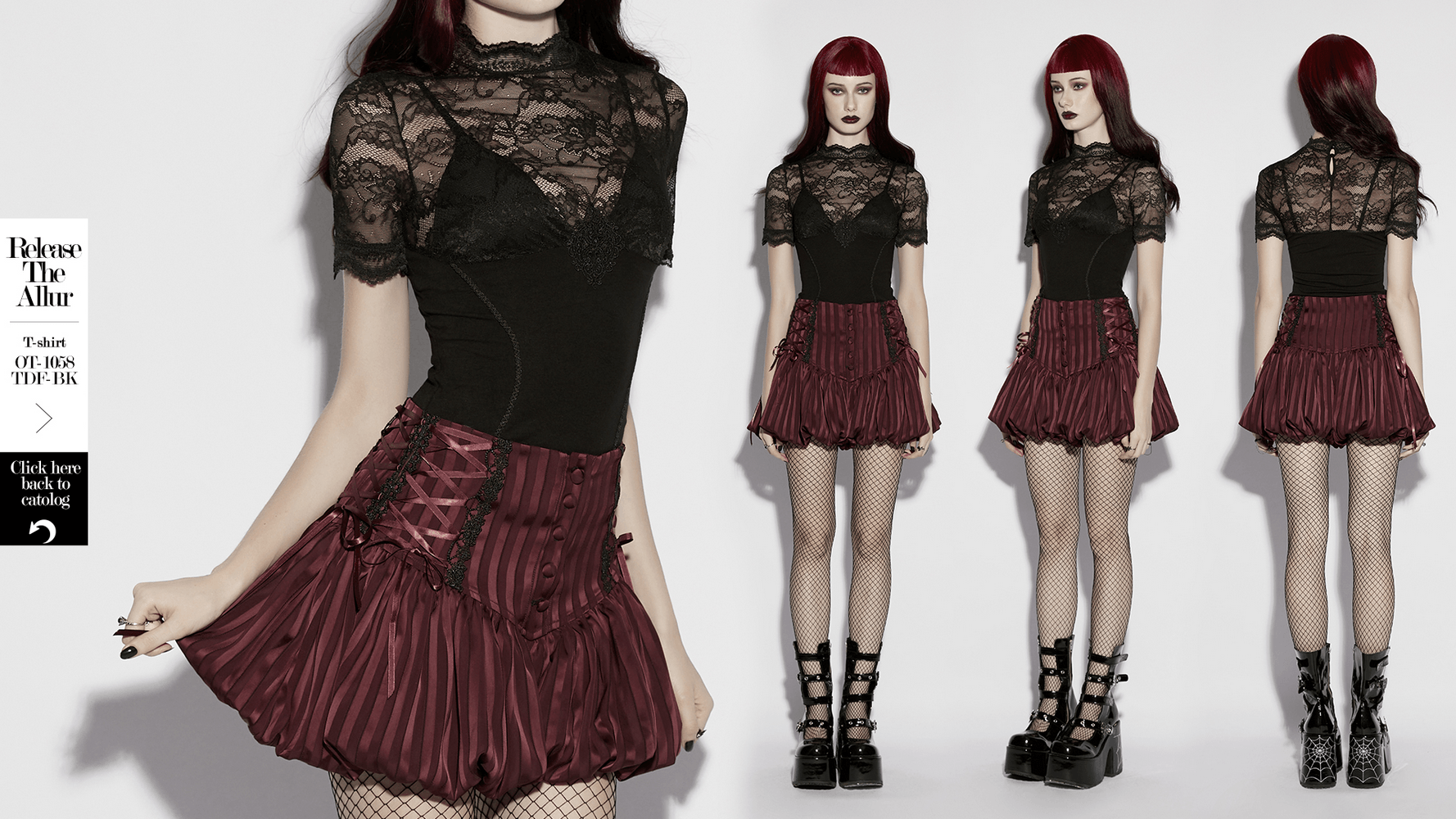 Alt Tag: Women's Gothic Striped Pumpkin Bloomers Shorts in burgundy striped ruffle look, paired with black lace top and fishnet tights