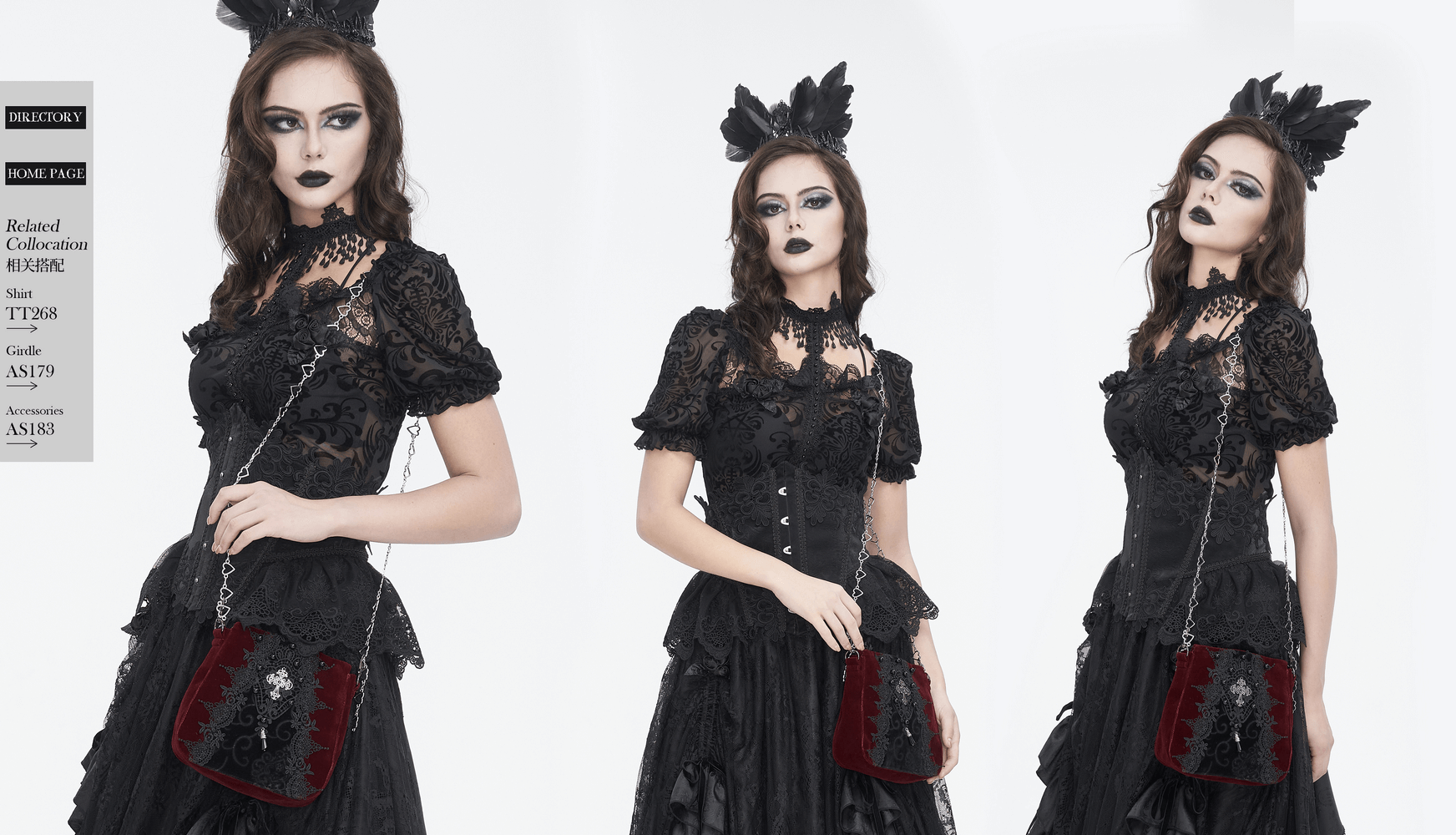 Women modeling Gothic style lace and velvet shoulder bag with elegant black outfits and accessories.