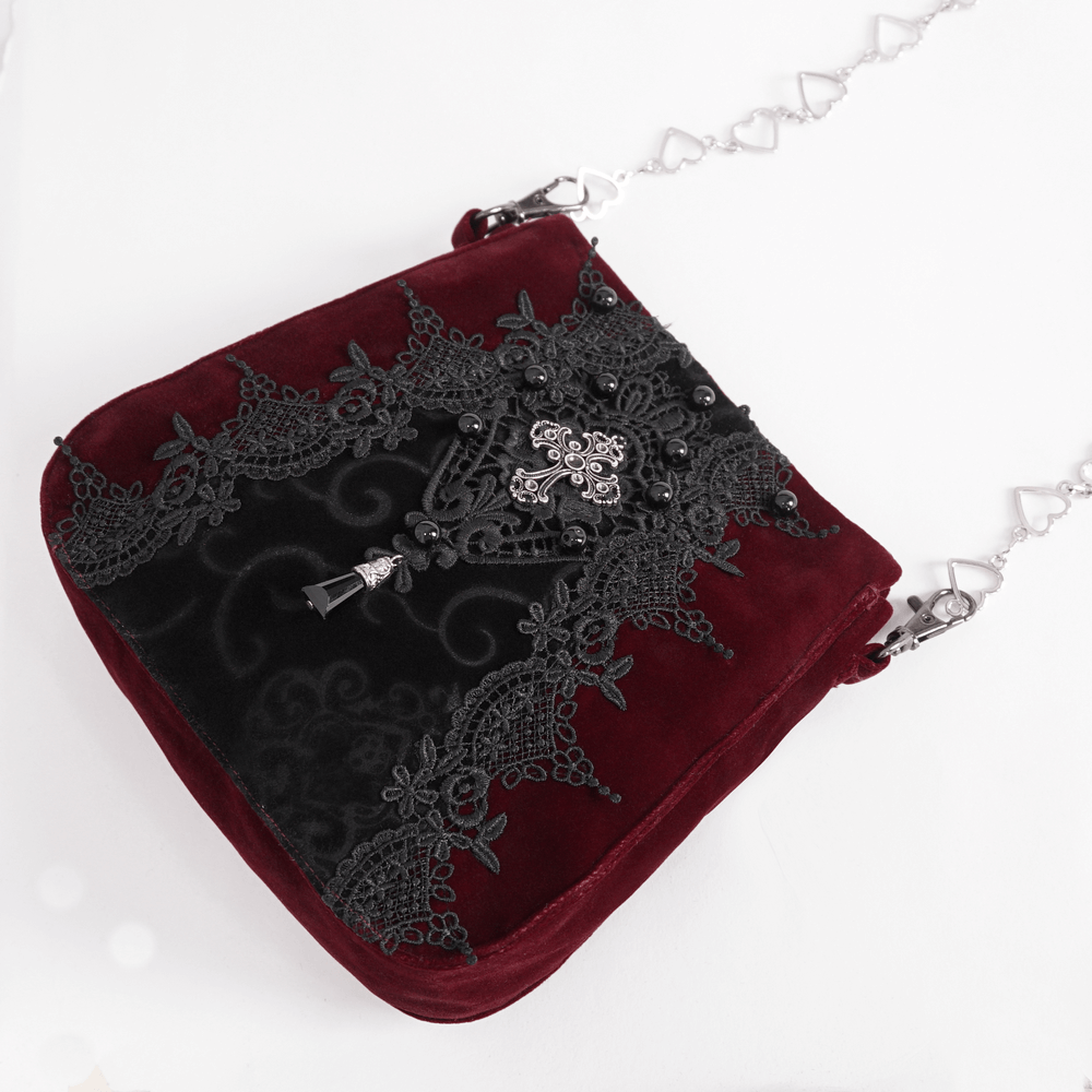 Elegant women's Gothic shoulder bag in velvet with intricate lace detailing and silver chain.