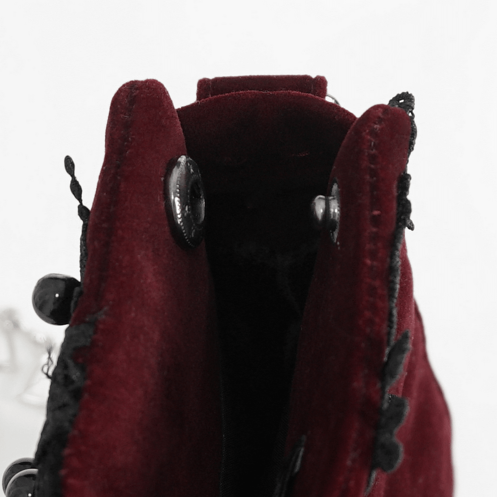 Inside view of a luxurious women's gothic style velvet shoulder bag with intricate lace details.