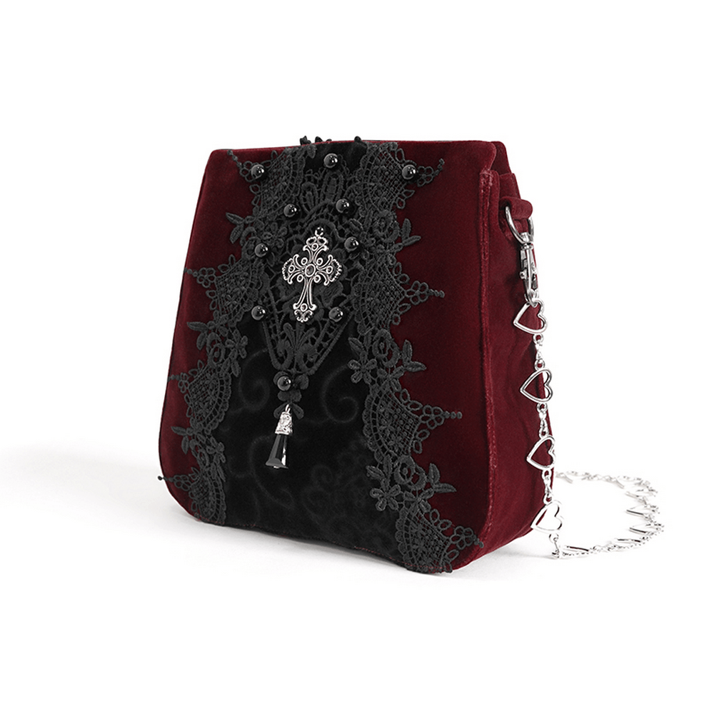 Women's Gothic velvet shoulder bag with lace embroidery and silver chain accents, perfect for evening elegance.