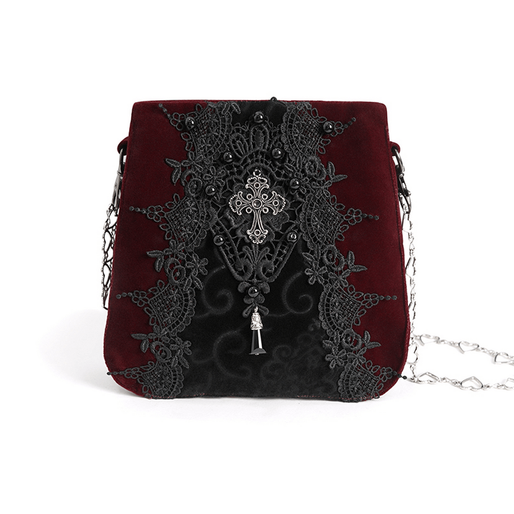Luxurious women's gothic lace and velvet shoulder bag with intricate embroidery, perfect for elegant evening events.