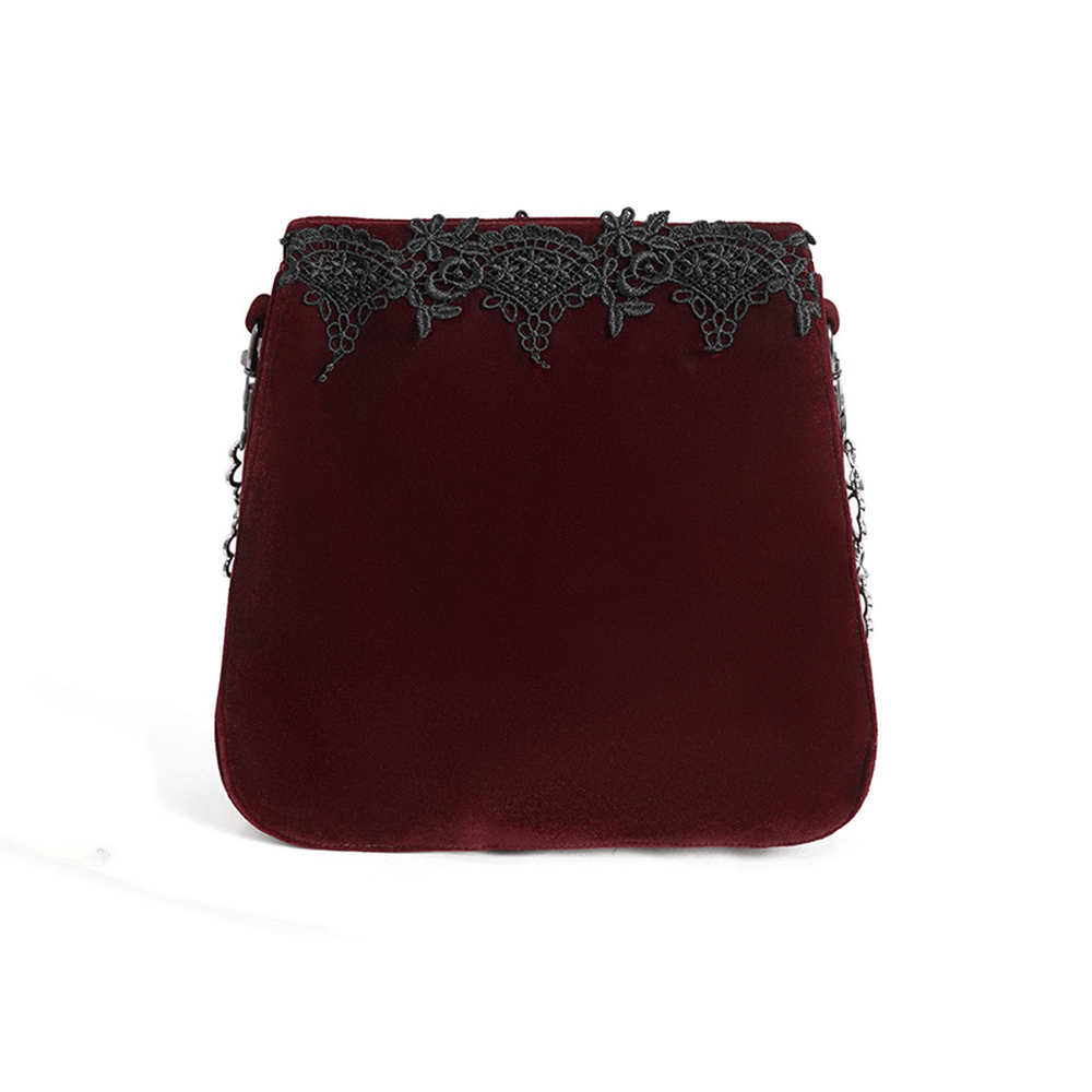 Women's Gothic Lace and Velvet Shoulder Bag with intricate embroidery and silver chain accents.
