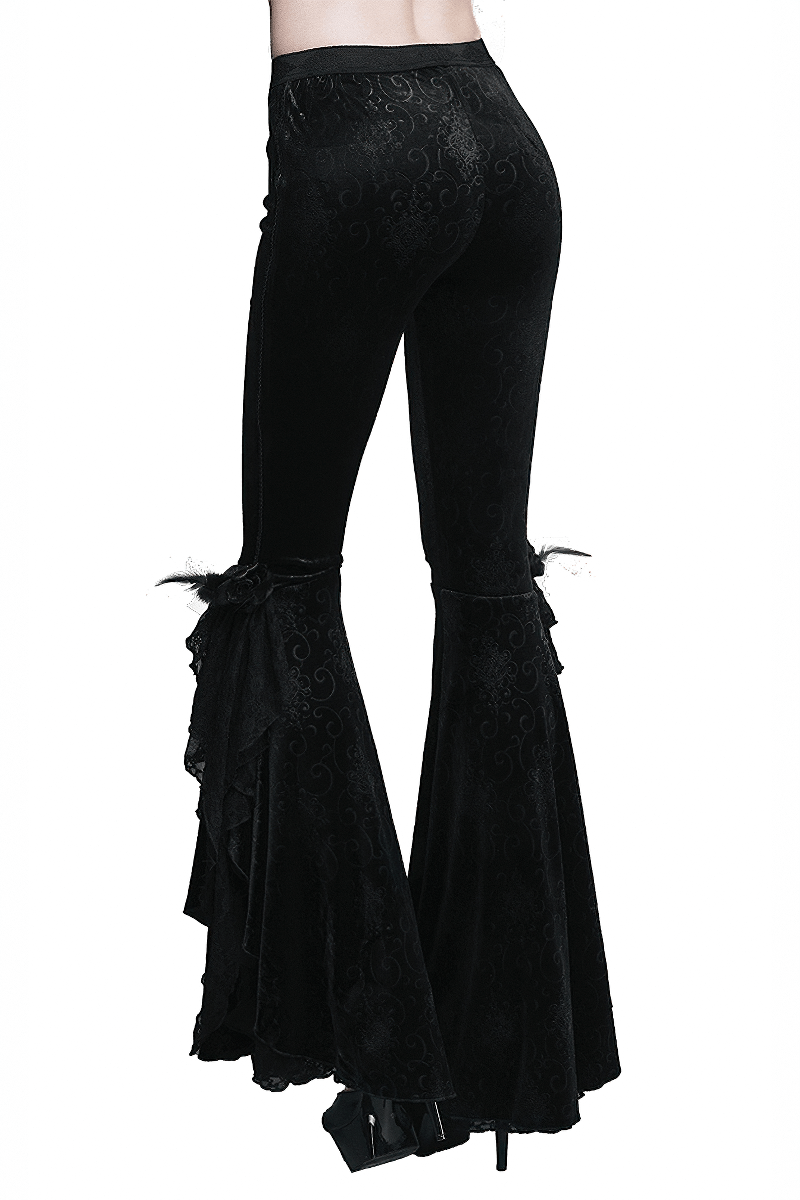 Women's Gothic Stylish Flared Trousers / Casual Black Embroidery Wide Leg Long Pants - HARD'N'HEAVY