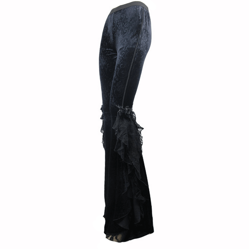 Women's black gothic flared trousers with lace details and stylish embroidery, perfect for a casual, elegant look.